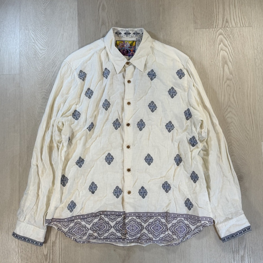 Robert Graham Men's 100% Linen Flip Cuff Embroidered Button Shirt White • 2XL
